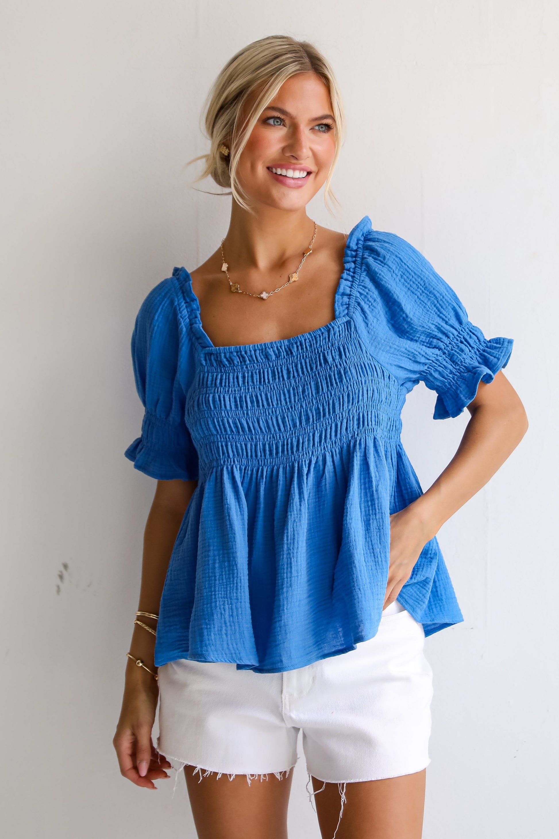 Blue Smocked Linen Blouse