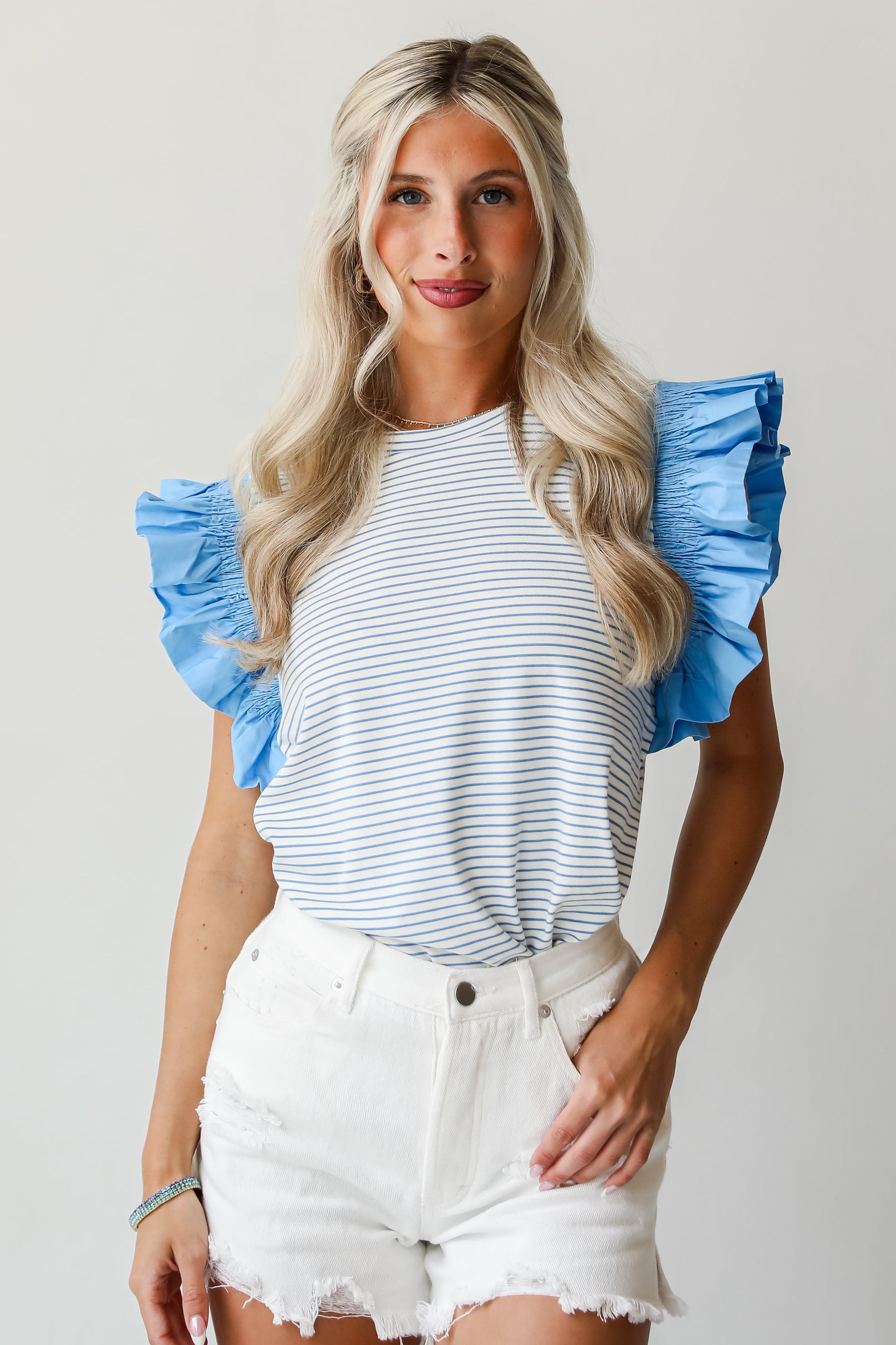 Blue Striped Ruffle Sleeve Blouse